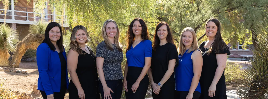 Picture of University Initiatives team left to right: Amy Glicken, Ari Montes, Jessica Hamar Martinez, Celina Ramirez, Lori Van Buggenum, Danielle Oxnam, and Alex Robie Harris